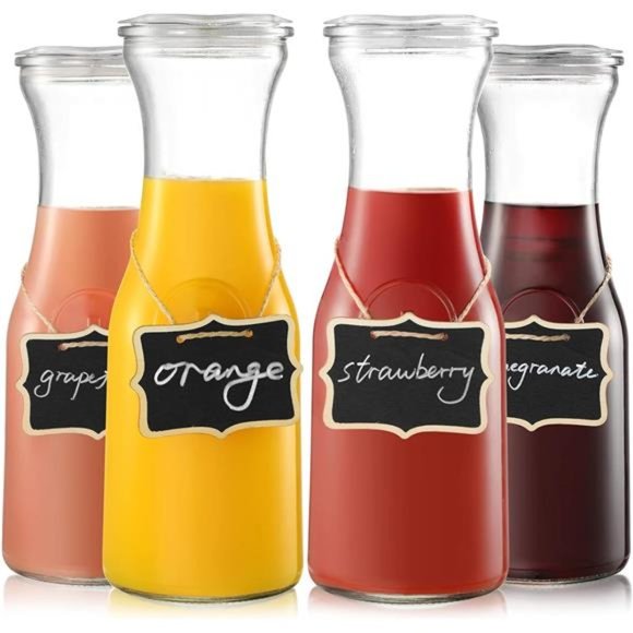 Set of 4 Glass Carafe with Lid, 1 Liter Beverage Serveware Carafe, Clear Glass - Picture 1 of 6